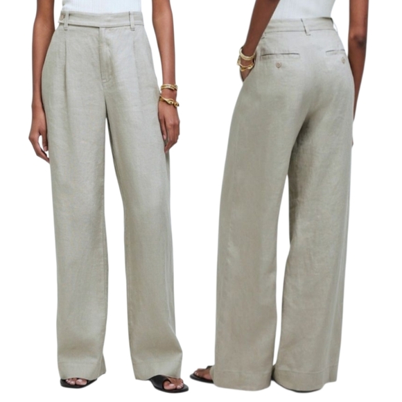 Madewell Harlow Tan Wide Leg Pleated Pants 100% Linen Wmns Petite 16 Boho Casual - Picture 1 of 13